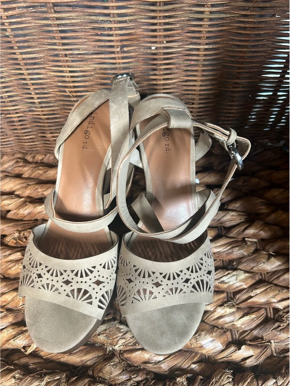 Taupe laser-cut wedge sandals